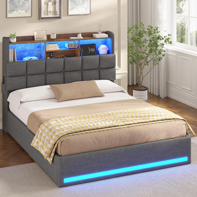 Upholstered Bed with Ottoman Under-bed Storage and Charging Station, Gray, Double (4'6)