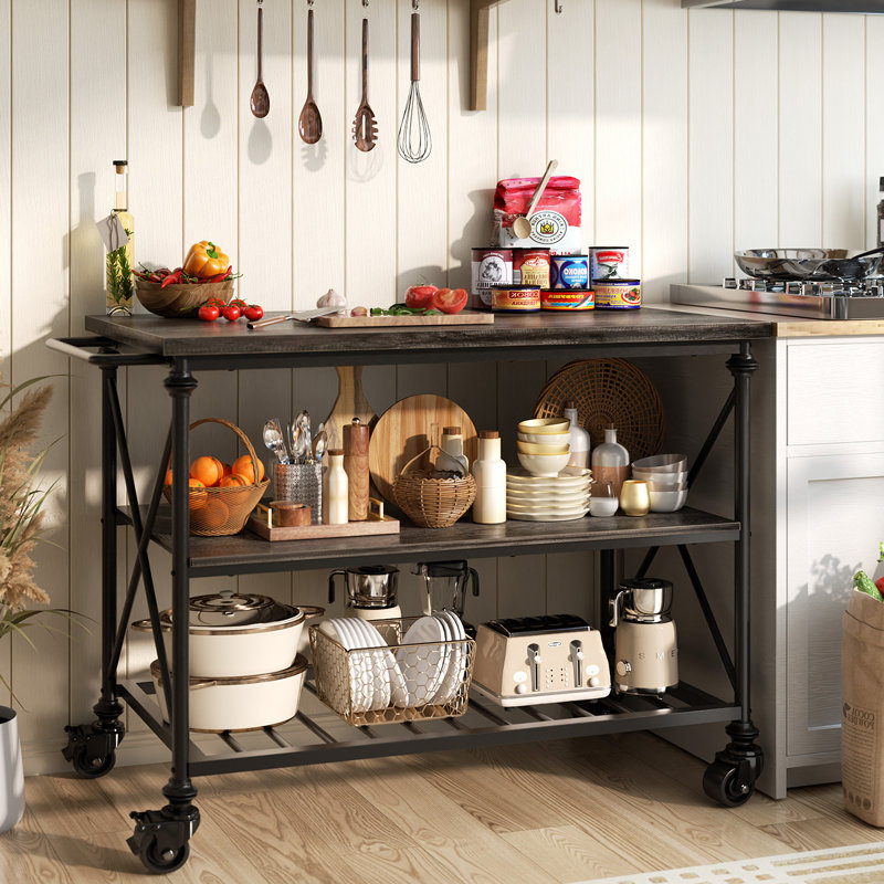 Table de cuisine à 3 niveaux avec roulettes et tablettes de rangement, Gris