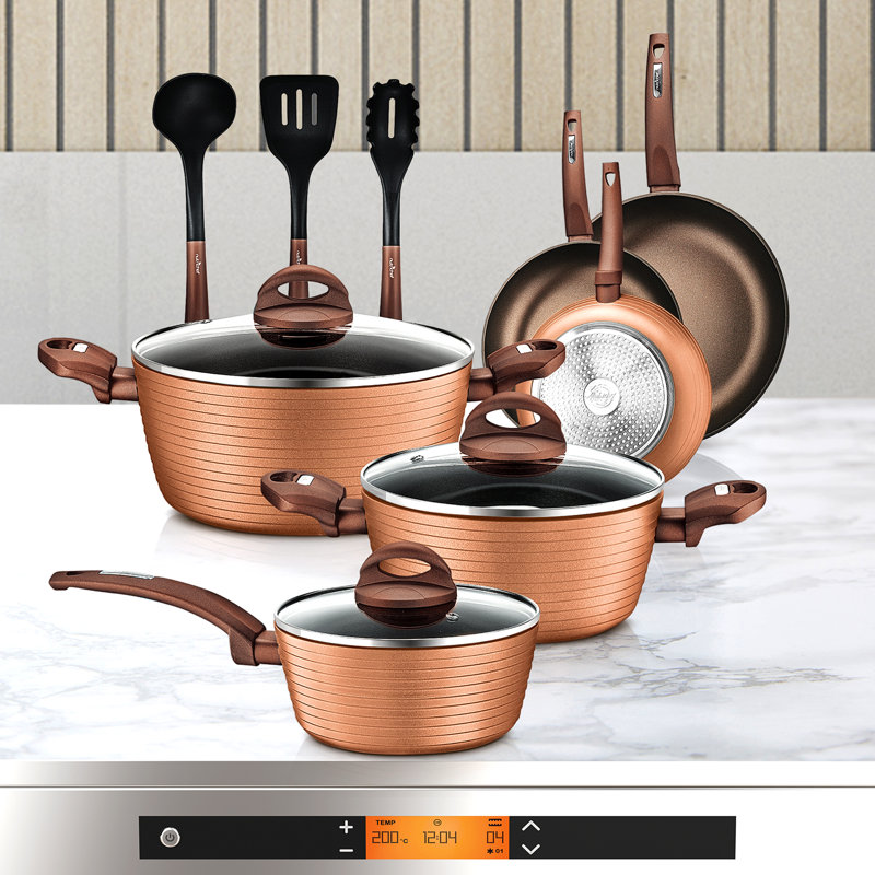 NutriChef 12-Piece Brown Nonstick Aluminum Cookware Set
