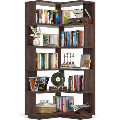 Bibliothèque étagère de coin à 5 niveaux avec chicane, présentoir en forme de L pour bureau personnel