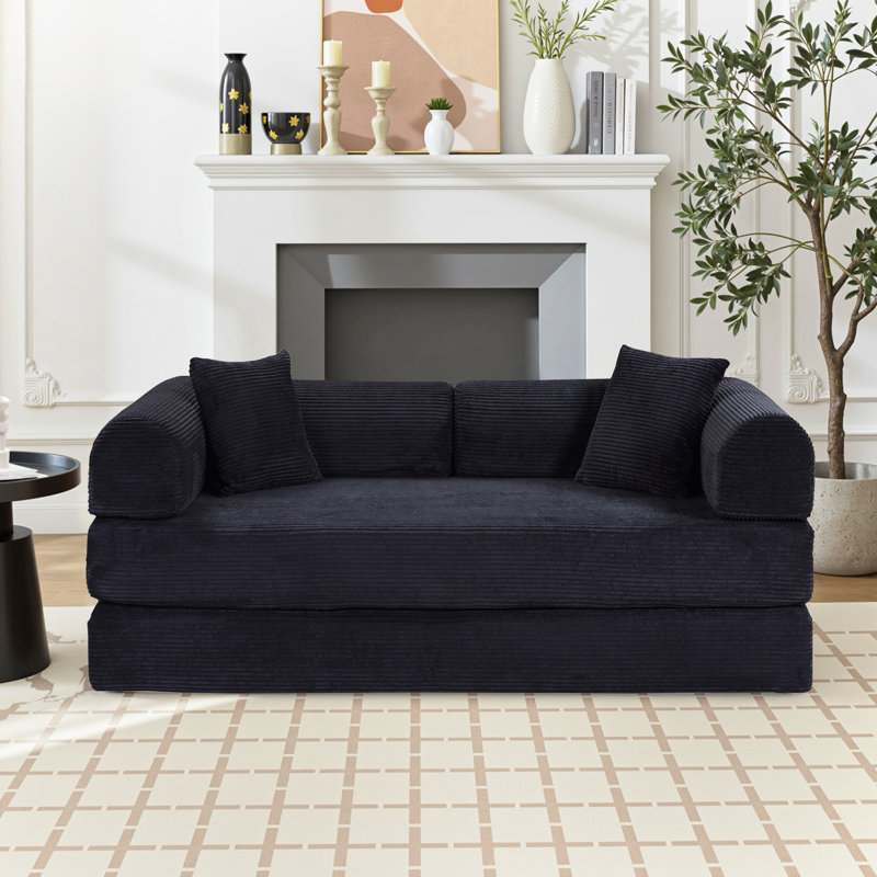 63" Boneless Corduroy Sleeper Sofa Bed, Modular Futon Couch, Compression Foam Sofa with 2 Pillows, No Assembly Required
