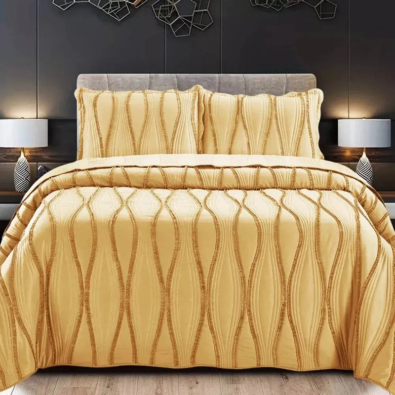 3 Piece Quilted Bedspread Bed Throw Embossed Bedding Set Single Double, Double Bedspread + 2 Standard Pillowcases, Musterd