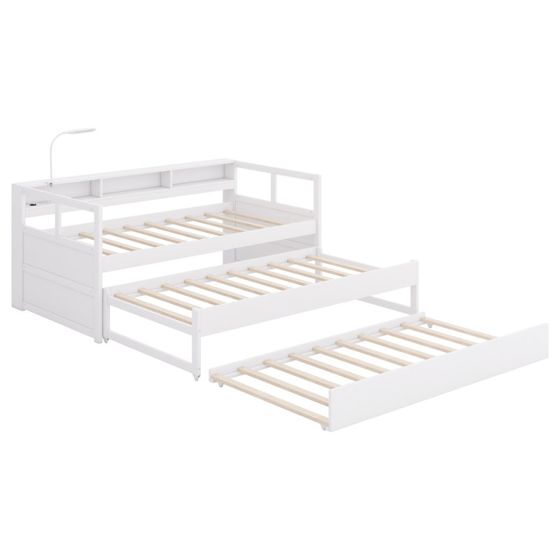 Vroman Twin XL Wooden Daybed with Trundles, Storage Cubbies, Light for Free and USB Charging, Beige