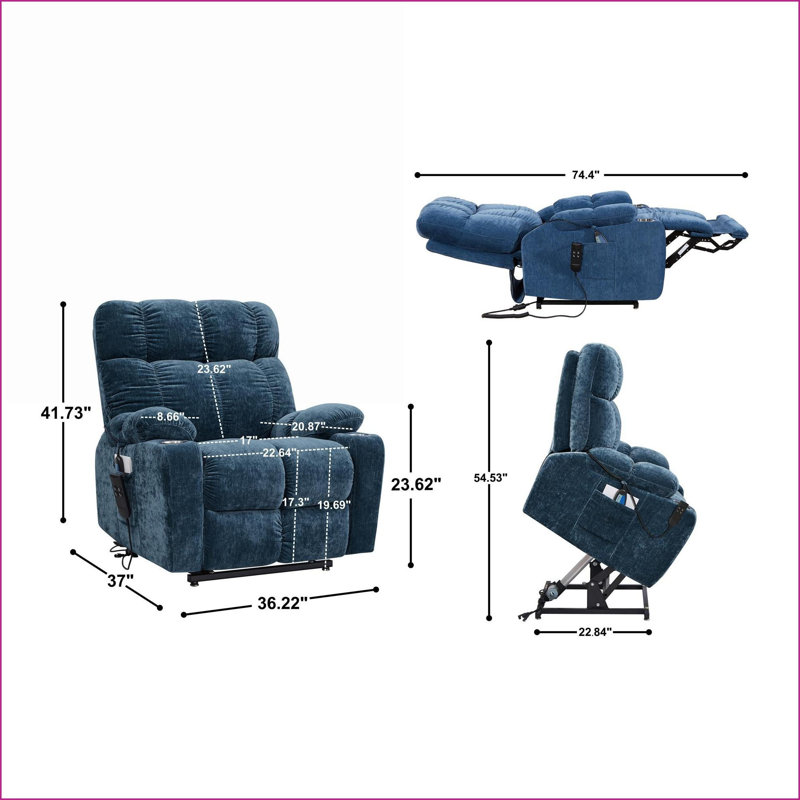 Recliners: Dual OKIN Motor Power Lift Recliner with Infinite Positions, 180° Lay Flat, Heat &amp; Massage for Elderly | Navy Blue | Fabric