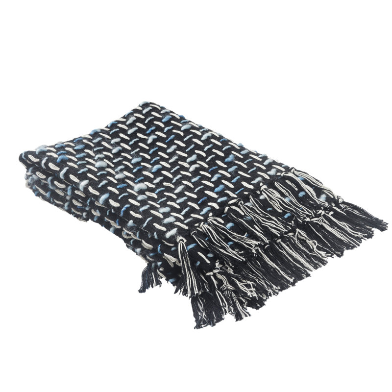 Jeté géométrique en coton tissé noir et bleu