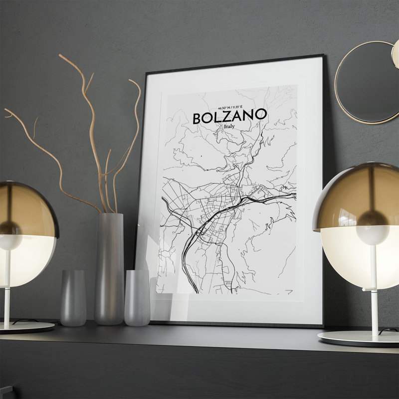 «Bolzano City Map», impression, Noir et blanc, H 17 po x l 11 po x P 0,05 po