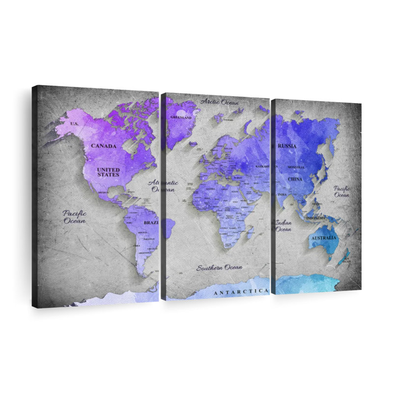 " Hued World Map " by Globetrotter Studio 3 - Pieces, 24" H x 38" W x 1.25" D