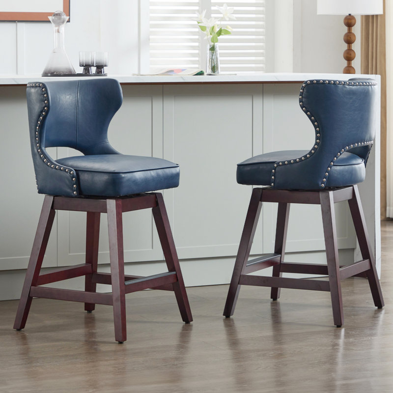 26" Solid Wood Swivel Counter Stool, Blue, 2