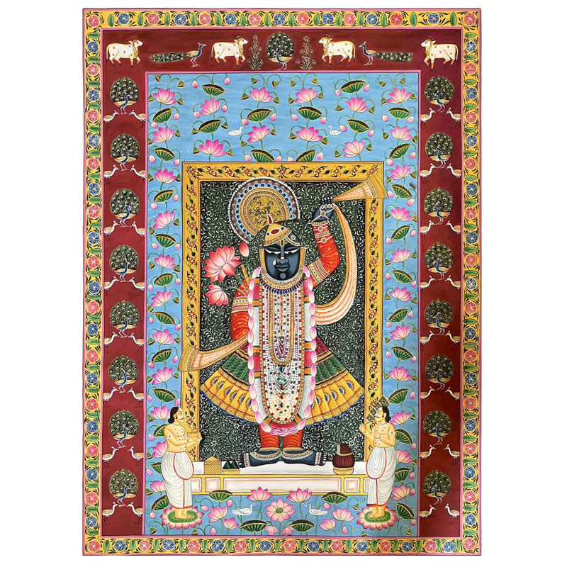 Le dieu indou Shrinathji en arrière-plan à motifs | Art Pichwai