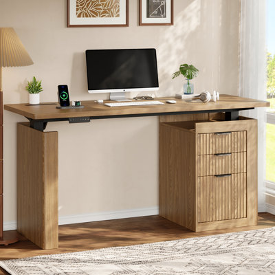 Electric Standing Desk with 3 Drawers, Height Adjustable Desk with File Cabinet, Executive Computer Wood Desk for Office, Study Writing Room