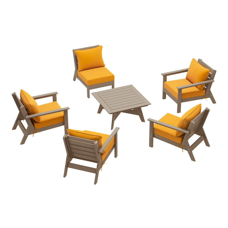 Ensemble de conversation à assise profonde 6 pièces, Marron clair, Jaune