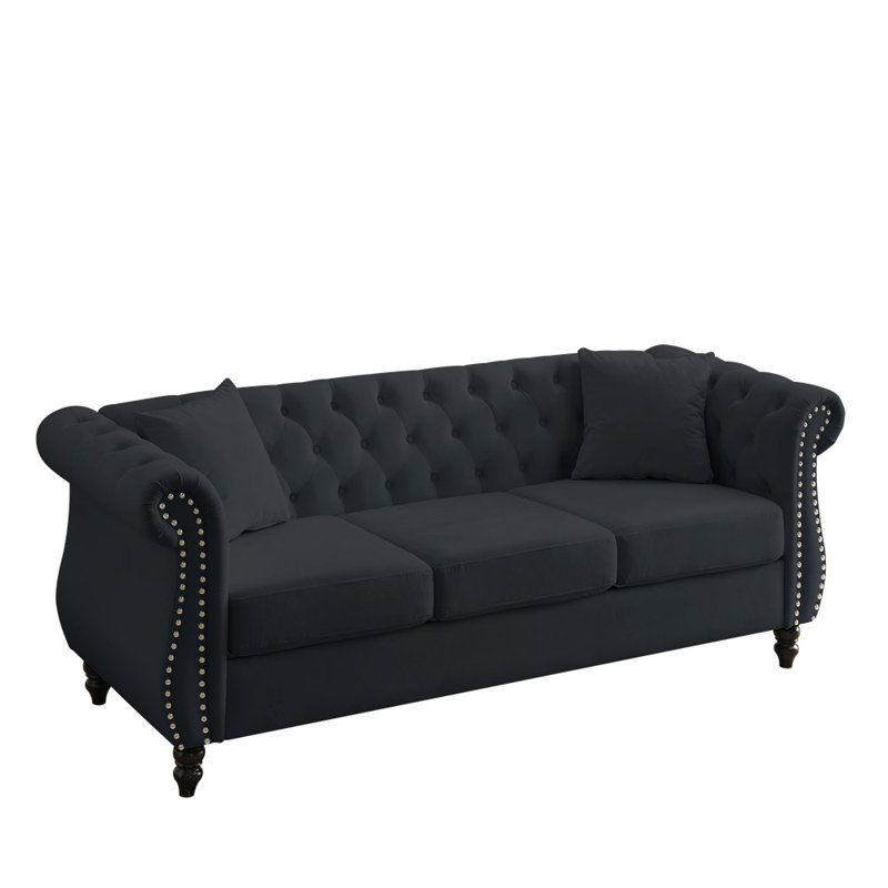 Canapé Chesterfield à accoudoirs roulés, Velours noir, H 30 po x l 80 po x P 29 po