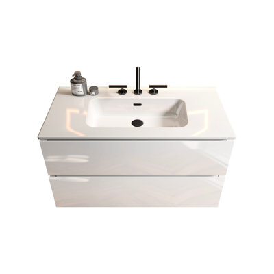 Meuble-lavabo mural 36 po blanc brillant - lavabo en céramique 3 trous, rangement spacieux, tiroirs silencieux, finition moderne avec lavabo, espace de rangement adéquat, tiroirs