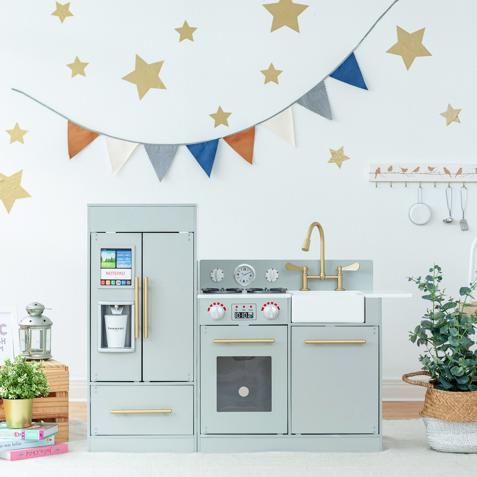 Teamson Kids Little Chef Charlotte Wooden Modular Play Kitchen with Refrigerator, Stove & Sink, Gray/Gold