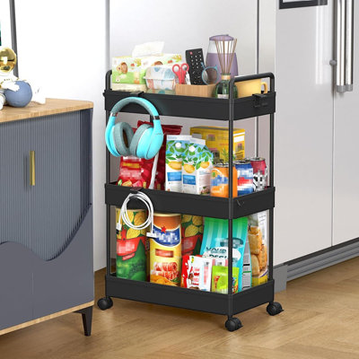 Chariot de rangement mince à 3 niveaux avec roulettes, chariot de rangement utilitaire étroit avec roues verrouillables pour la salle de bain, la salle de lavage, la cuisine ou les petits espaces - Noir