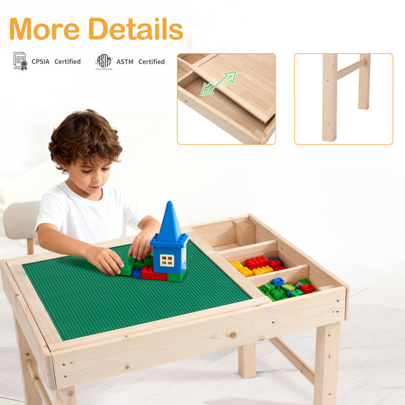 Play Table with Storages, 4 Compartment Double sided Available Activity Table, Stackable Baseplate Grid Compatible with Fun Learning Toy for Ages 5+