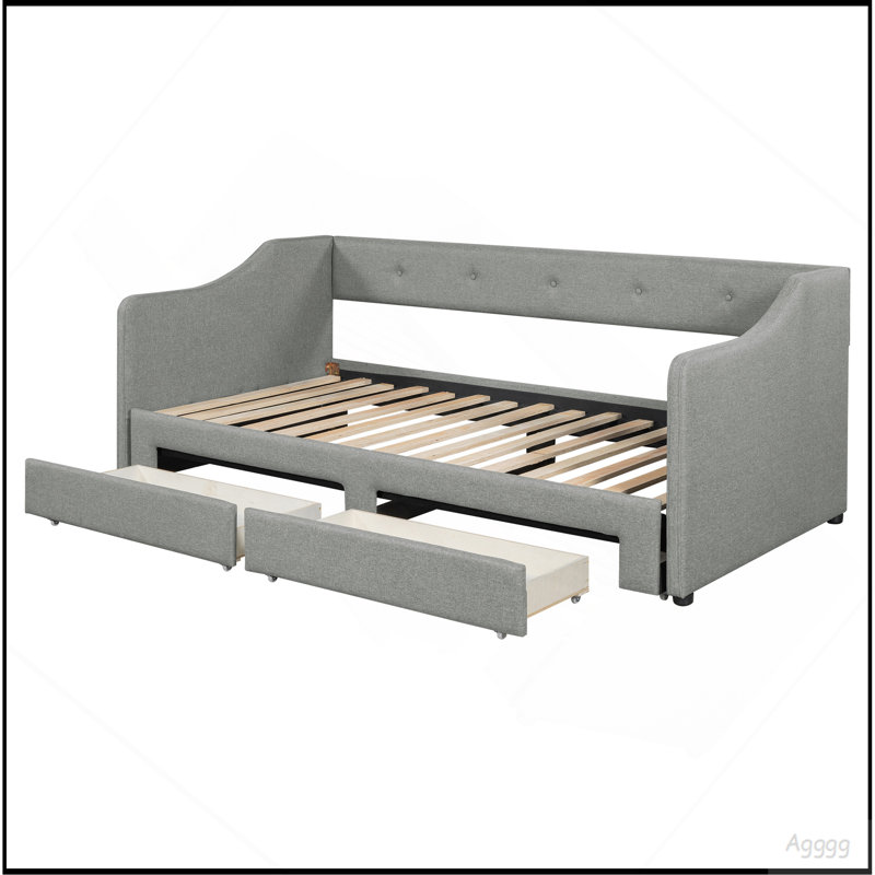 Lit de jour simple tapissier très grand avec deux tiroirs, gris