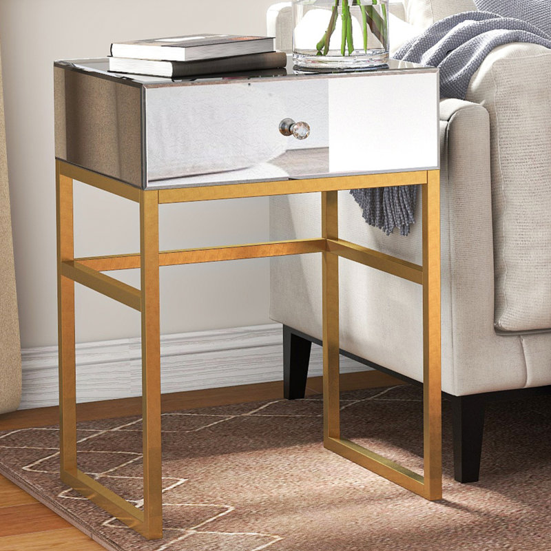 Mirrored Glass Bedside Table 1 Drawer Nightstand With Storage