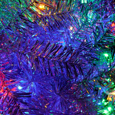 Sapin de Noël artificiel argenté de 1,80 m préilluminé avec 800 extrémités de branches, 300 lumières DEL, 11 modes d'éclairage et un support en métal pour la décoration intérieure et extérieure