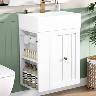 Meuble-lavabo rectangulaire de 20 pouces avec lavabo en céramique lisse, rangement, tiroir et tablette latérale ouverte pour les petites salles de bain