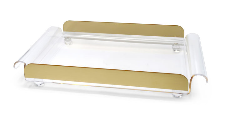 Plateau rectangulaire avec poignées et côtés dorés, sur pattes sphériques