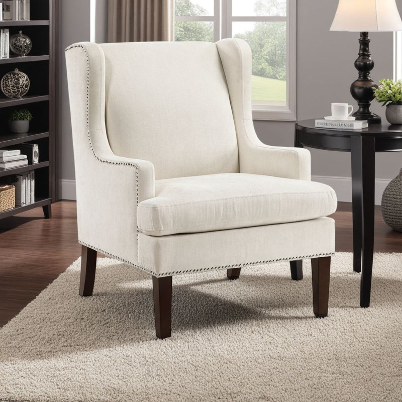 Fauteuil à oreilles Rossana, polyester, bois, tête de clou, Beige