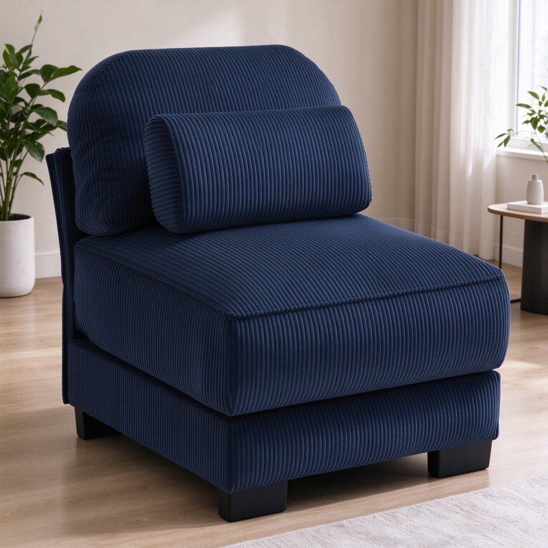 Armless Sofa Corduroy with 1 Pillow - Blue