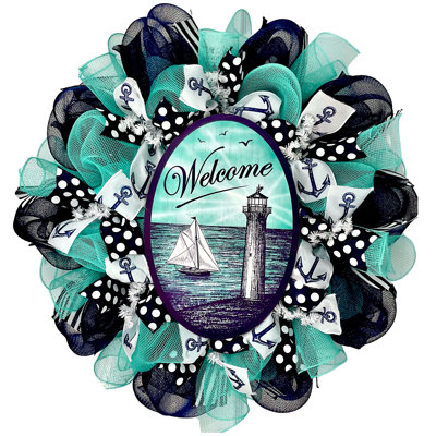 Coastal Light House Wreath with Sailboat