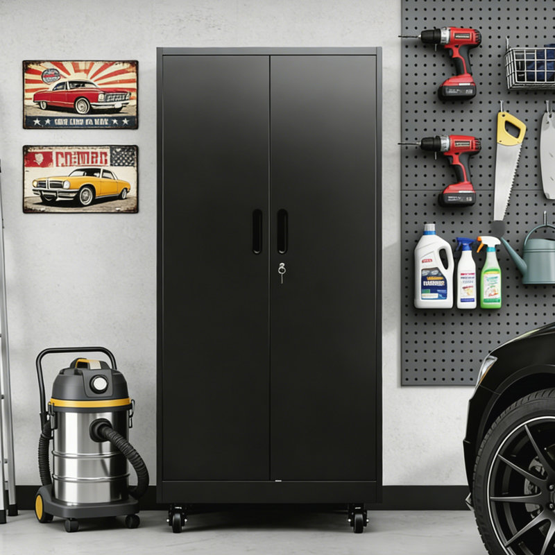 Makeace 71" H x 31.5" W x 15.7" D Black Metal Storage Cabinet with Hanging Rod, Lockable Rolling Tool Cabinet with 3 Adjustable Shelves, Pegboard Doors & 8 Hooks