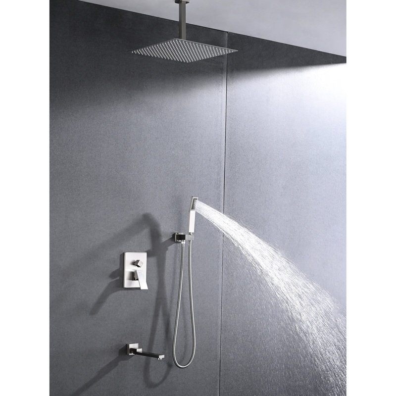 Douche de plafond, nickel brossé - tête de 16 po et douchette autonettoyante à sensation de pluie naturelle compatible avec les raccords de tuyaux standards American