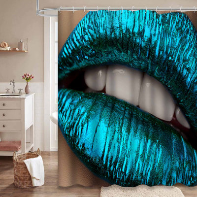 Beautiful Woman Lips Blue White Shower Curtain with 12 Hooks