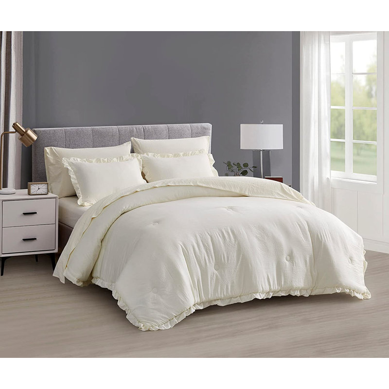 Ruffled Edge Microfiber Bed in a Bag Comforter Set, Twin Comforter + 4 Additional Pieces, Ivory