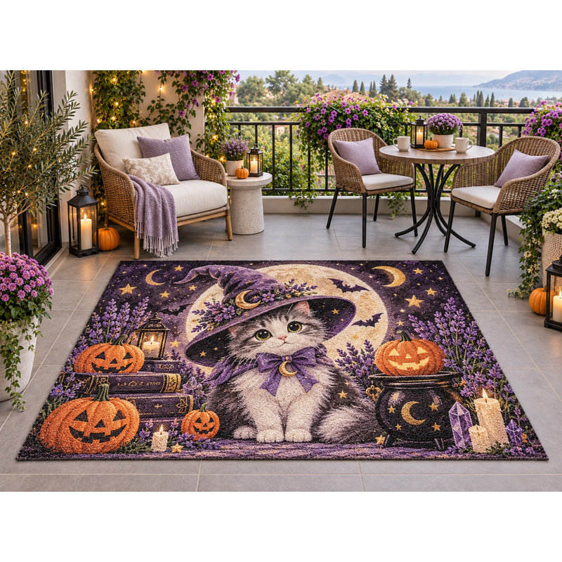 Tapis d'extérieur 152 x 213 cm (5' x 7') motif sorcière, chat et citrouille, Halloween. Tapis épais, imperméable, en PVC bouclé, résistant et à séchage rapide. Idéal pour la terrasse, le balcon, l'entrée, le VR ou tout autre espace extérieur.
