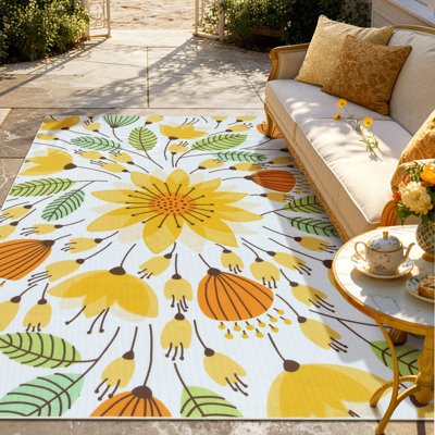 Frankin Washable 6X9 Orange Floral Outdoor Rug, Non Slip Quick-Dry Mesh Rug for Outside