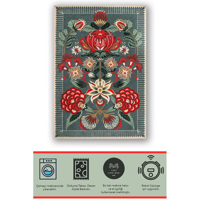Tapis multicolore à motif floral vert et rouge, Rectangle 5 pi 1,02 po x 7 pi 6,55 po