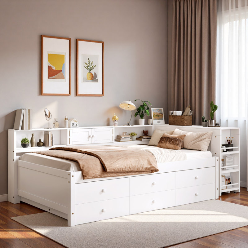 Wood Daybed With Storage Drawers, Side Shelves, Desk And Trundle, Twin, White