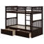 Structure de lit superposé simple au-dessus de simple avec barrière de sécurité à 2 tiroirs et échelle, convertible en lit plateforme 2