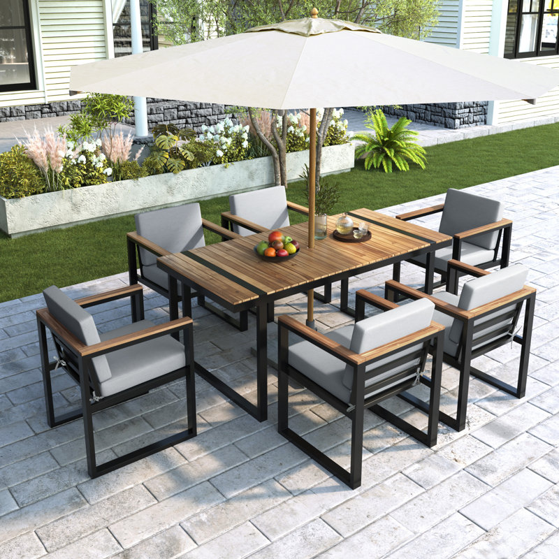 Ensemble de table de salle à manger d'extérieur 7 pièces avec chaises et coussins amovibles pour patio, Gris