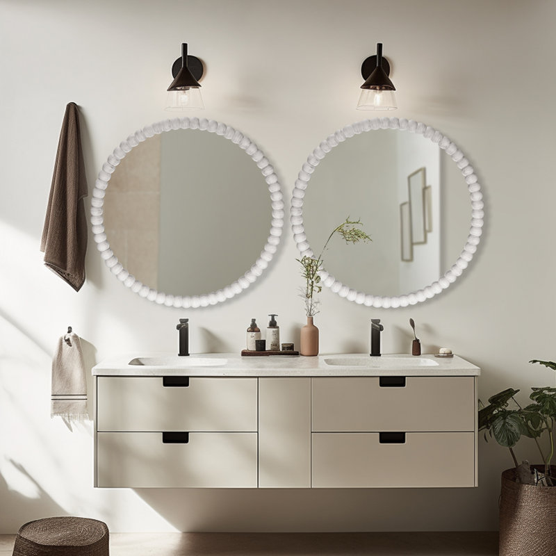 Ayde Round Solid Wood Bead Accent Mirror Home Decoration, White, 28" x 28"