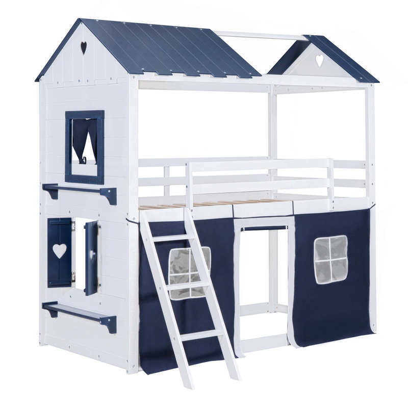 Bunk Wood House Bed With Elegant Windows, Sills And Tent, Twin, White/Blue