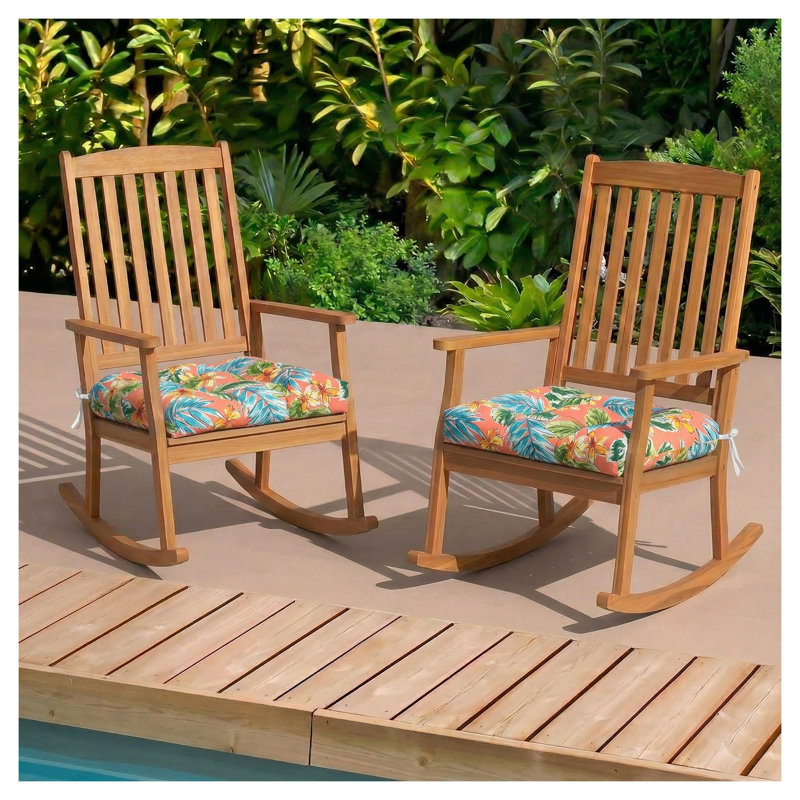 Set of 2 Outdoor Chair Cushions - Bright Coral Pink Floral Patio Seat Pads with Ties, Waterproof & UV Resistant Garden Furniture Decor
