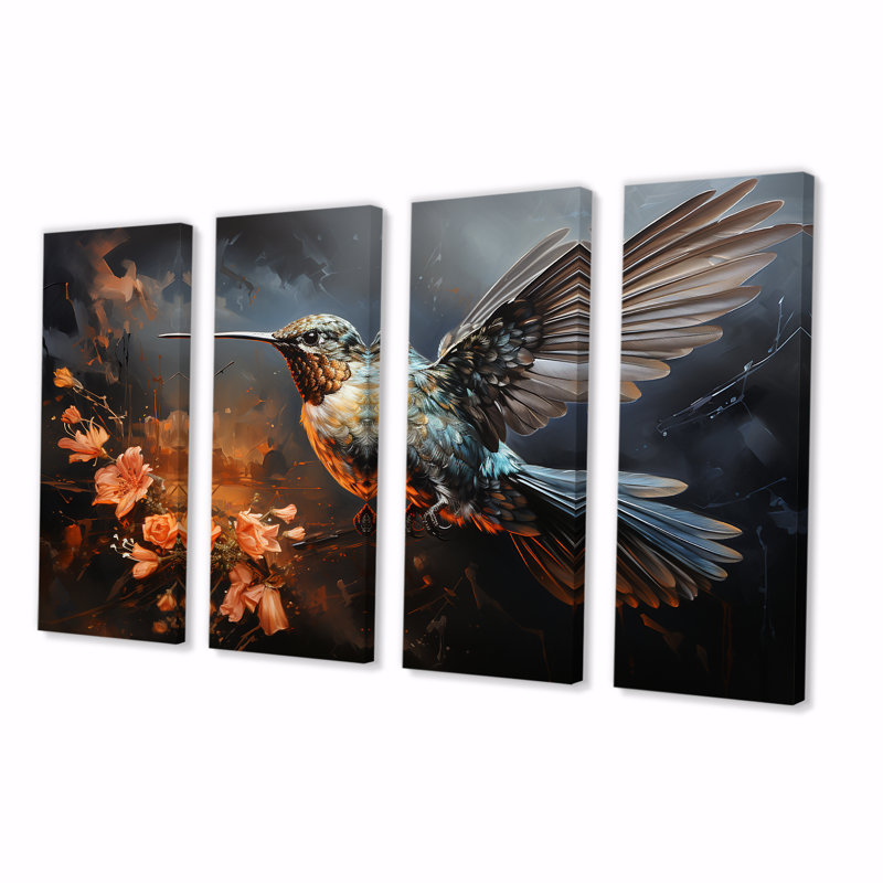 «Midnight Floral Bird Melody IV - Hummingbird», ensemble de 4 décorations murales, H 28 po x l 48 po