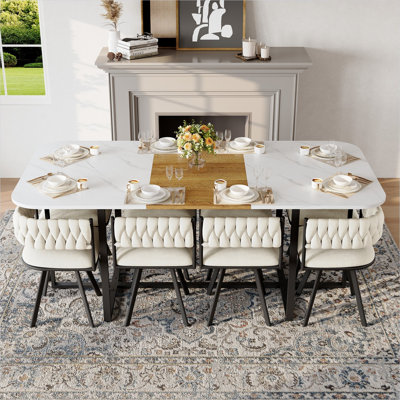 8-Person Square Dining Set with White Faux Marble Wood Grain Table and 8 Beige Velvet Chairs, Modern