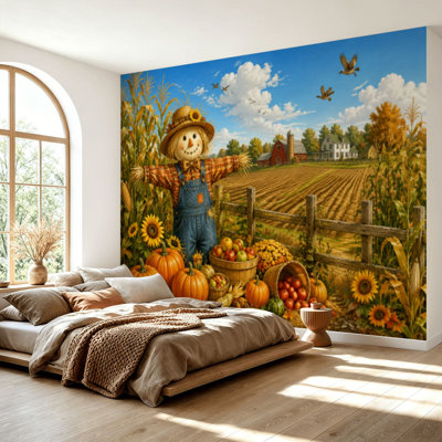 Wall Mural Peel and Stick Wallpaper Autumn Farmhouse Scene Scarecrow Pumpkins Harvested Crops Self-Adhesive Removable Contact Paper Wall Decor for Living Room Bedroom 69"H x 96"W