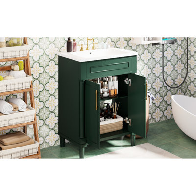Meuble-lavabo de 24 pouces avec lavabo, armoire de rangement à 2 portes, compacte et élégante pour les petites salles de bain, rangement spacieux, tablette réglable, évier demi-lune idéal