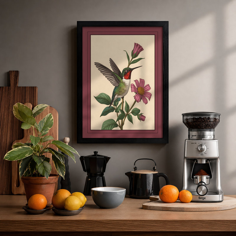 Hummingbird Among Blooms Botanical - Print, A2 - 59.4 x 42.0 cm, Black