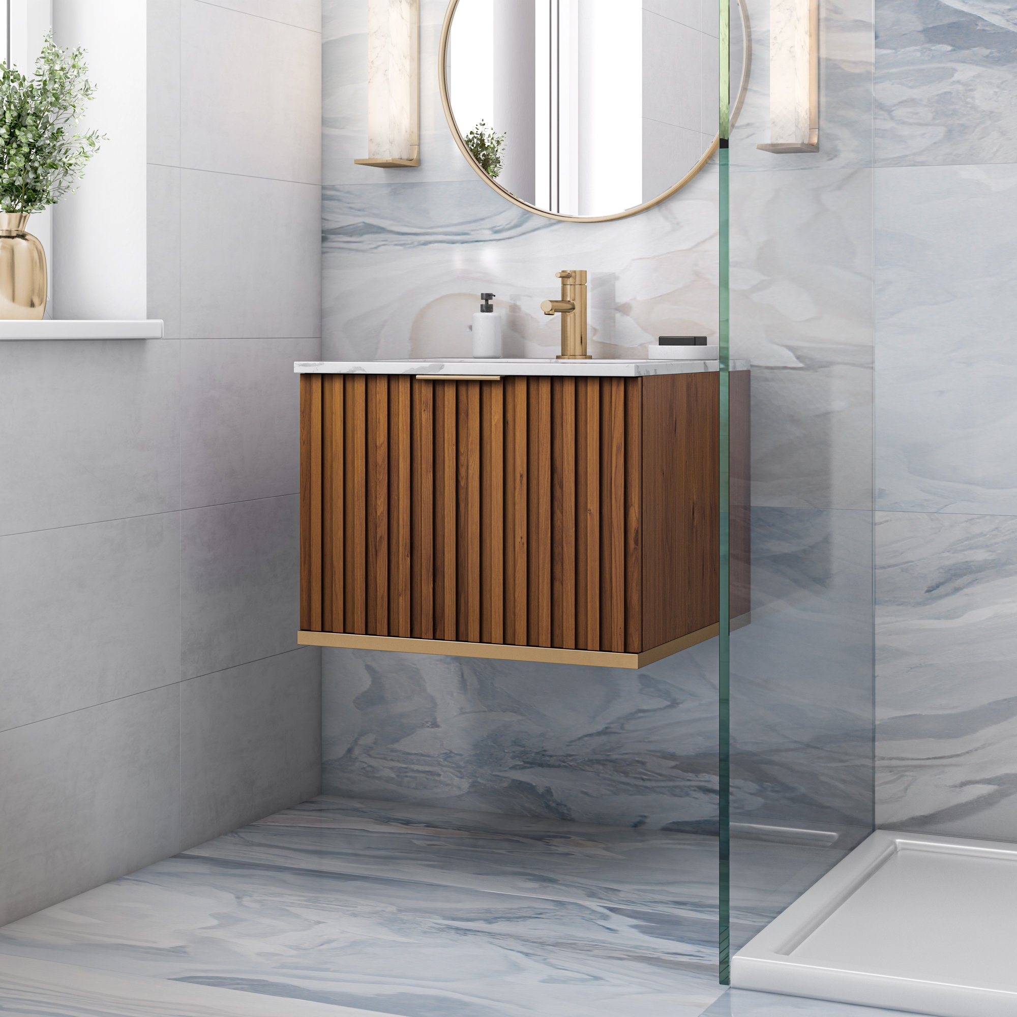 Terra 24'' Single Bathroom Vanity, Carrara Marble/Single Faucet Mount, Satin Brass