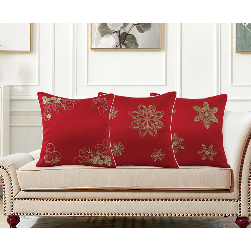Ornements de Noël en lin violet saisonnier, motif rouge vif uni, tissu en satin de polyester, brodé, bordure passepoilée blanche, feuilles, 18 po x 18 po, carré, coussin décoratif décoratif