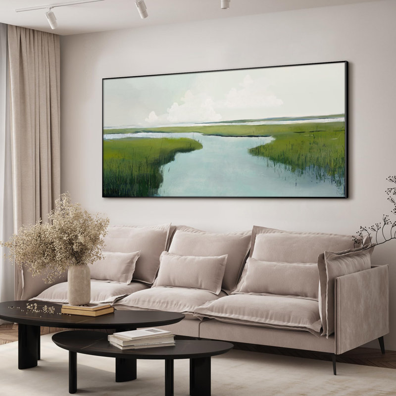 «Tranquil Marshland Landscape Green Wetland with Calm Waters», très grand art mural encadré (assemblage requis)