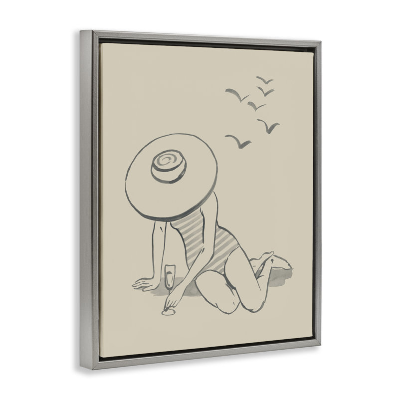 Fille sur la plage, croquis, art mural encadré par Grace Popp, Cadre flottant gris lustré, H 21 po x l 17 po